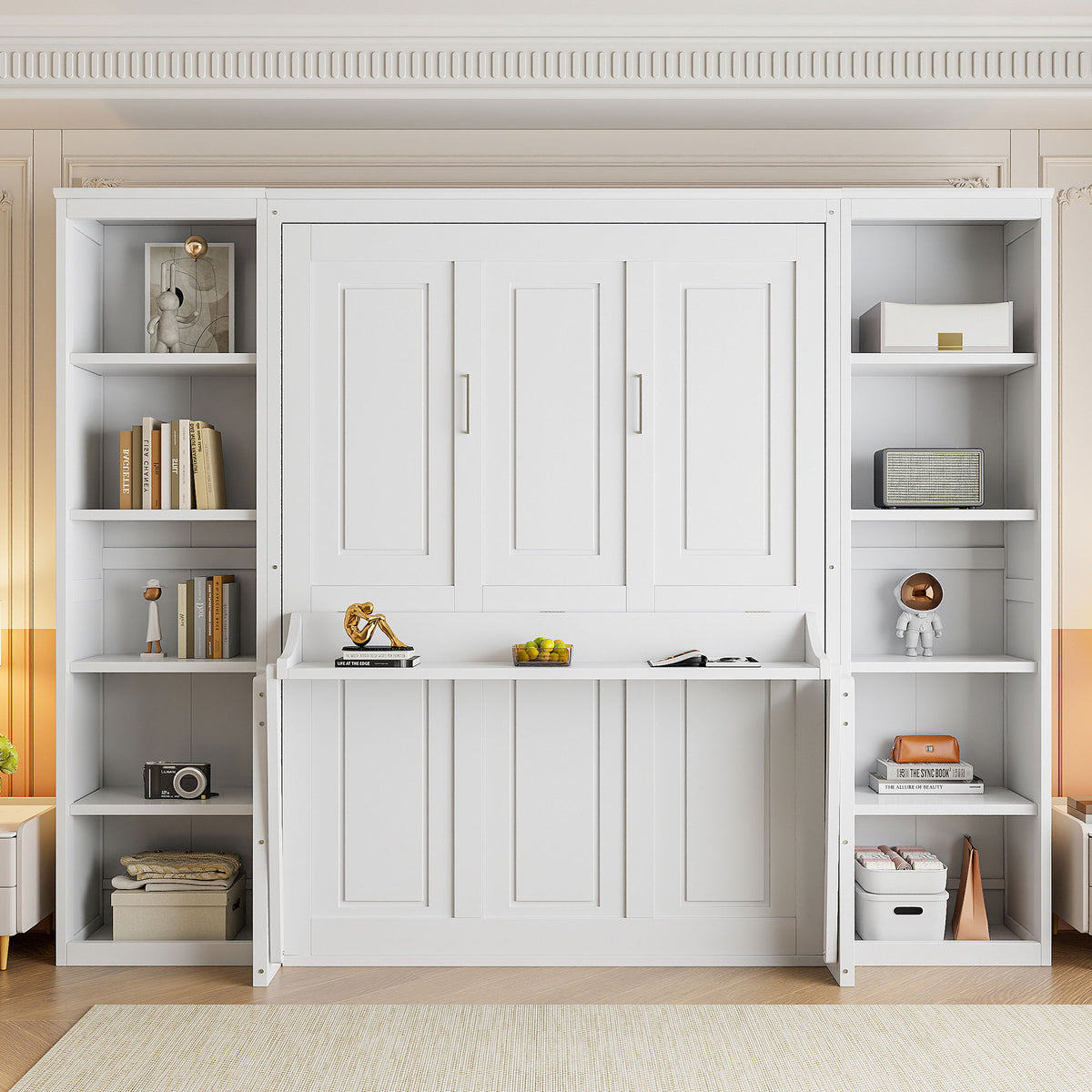 Murphy Bed With Desk and Bookshelf with Solid Pine Wood