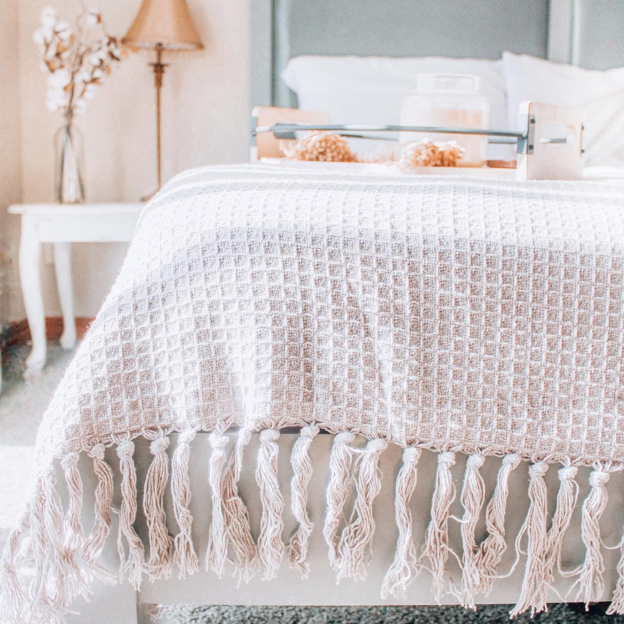 Waffle Cotton Knit Tassel Fringe Blanket/Coverlet