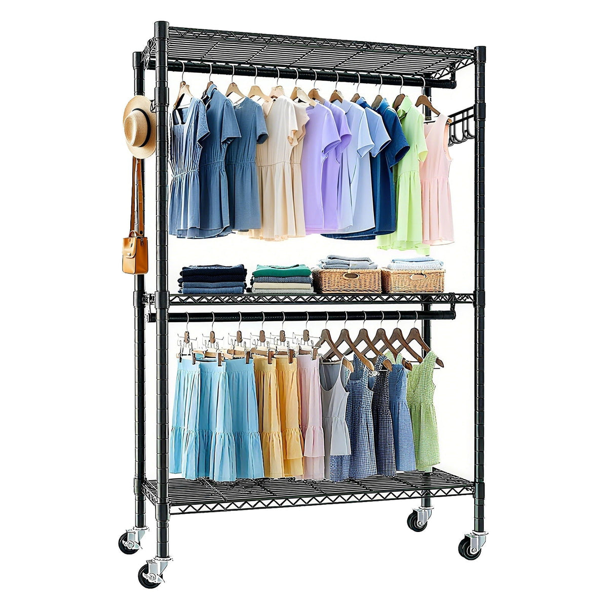 Nalego Heavy Duty Rolling Clothes Rack with Shelves and Hooks - view 4