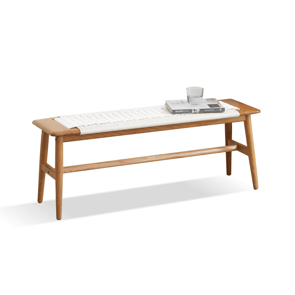 Natural Oak Wood Dining Bench with Handwoven Cane Seat