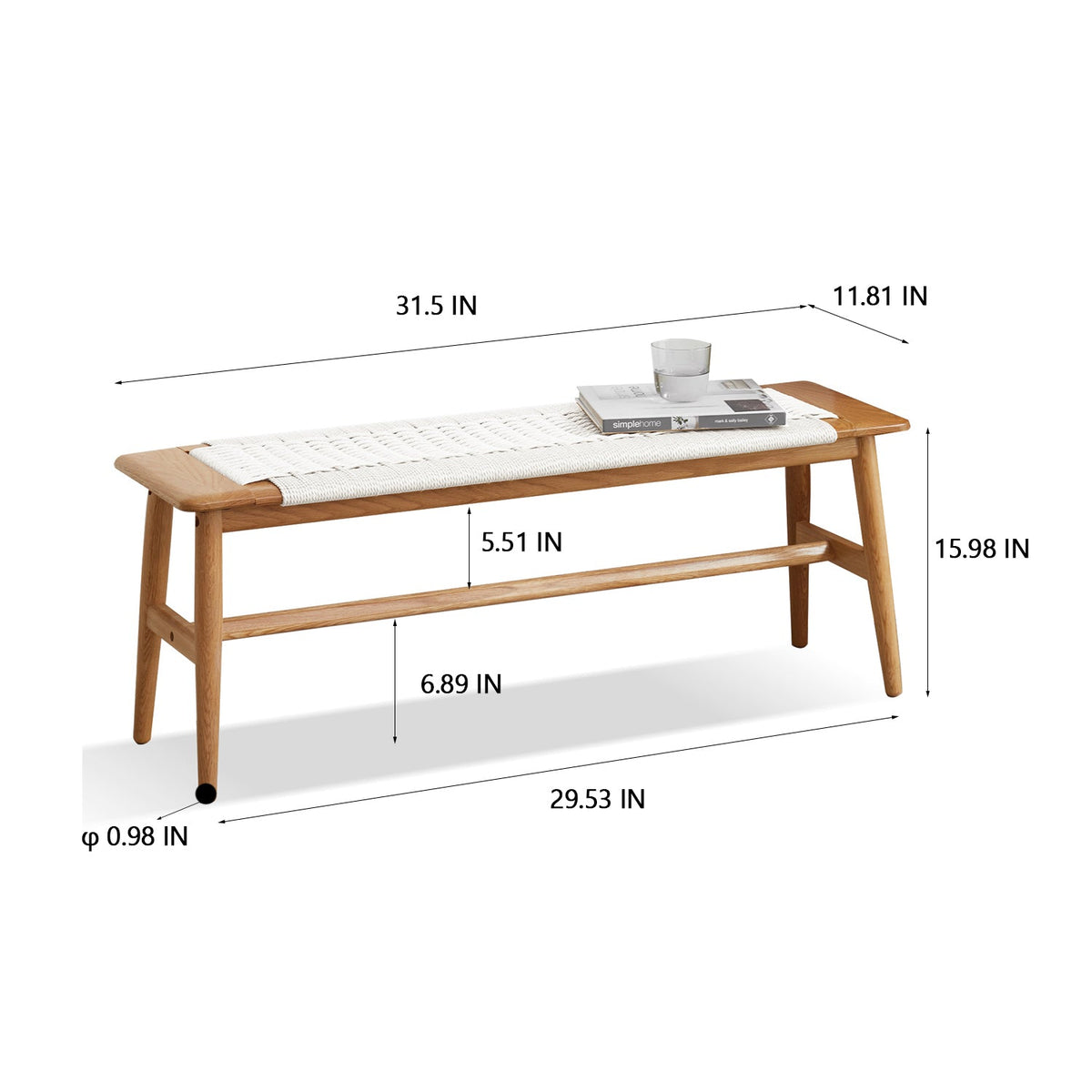Natural Oak Wood Dining Bench with Handwoven Cane Seat - view 3