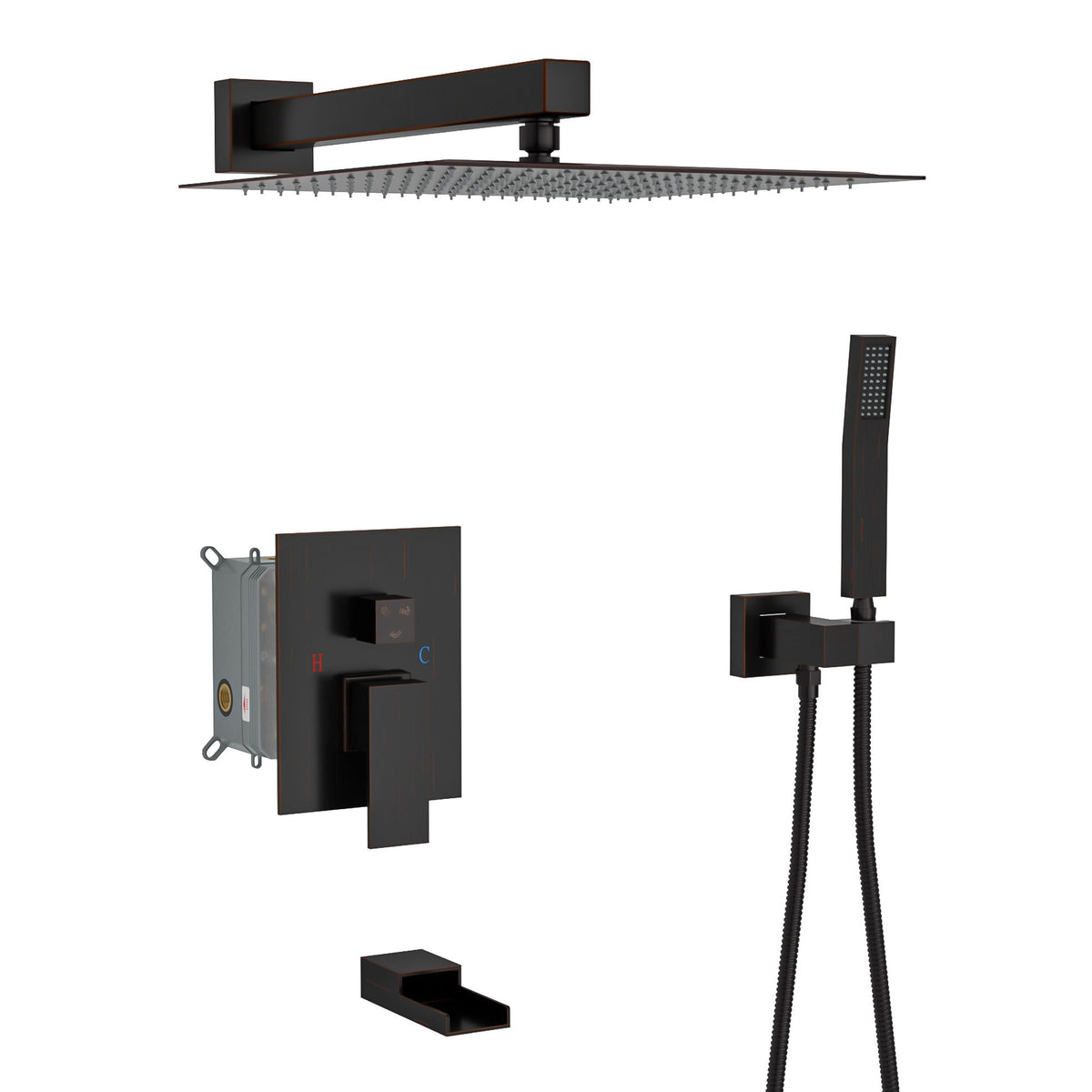 Oumuch 10-Inch Wall Mounted Square Shower System with Rough In Valve in Black