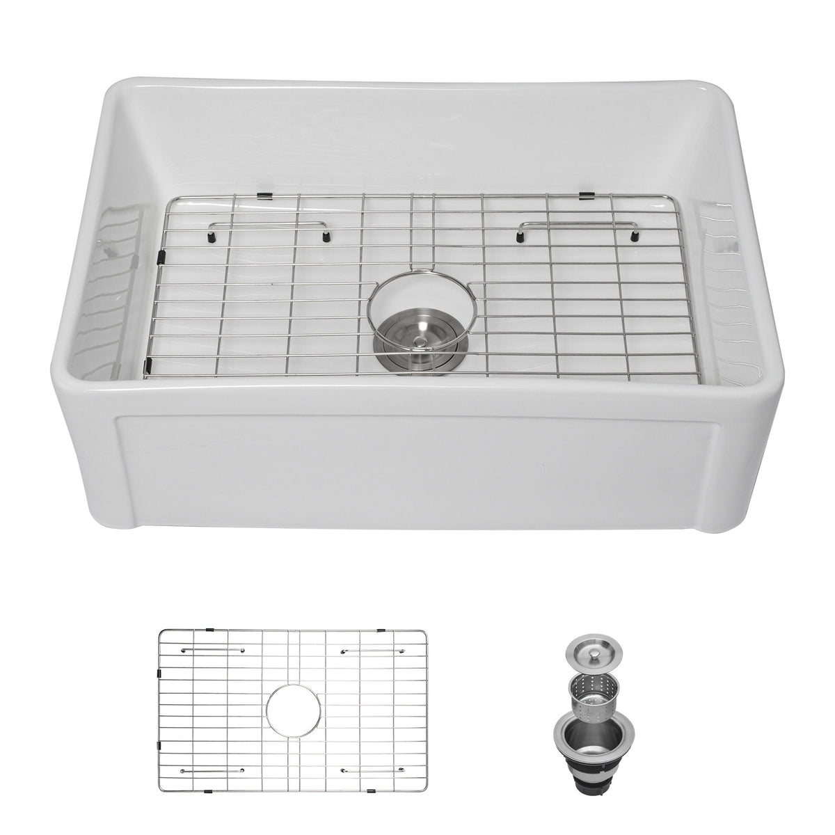 Oumuch Apron Front Reversible Single Bowl Kitchen Sink with Grid and Strainer in White - view 2