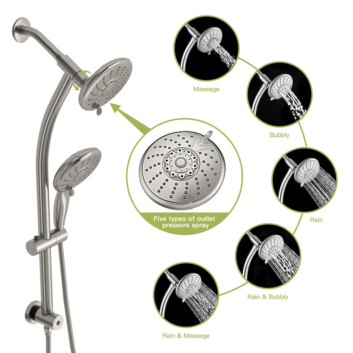 Oumuch Dual Shower Head with Adjustable Slide Bar and Multi Function Settings - view 3