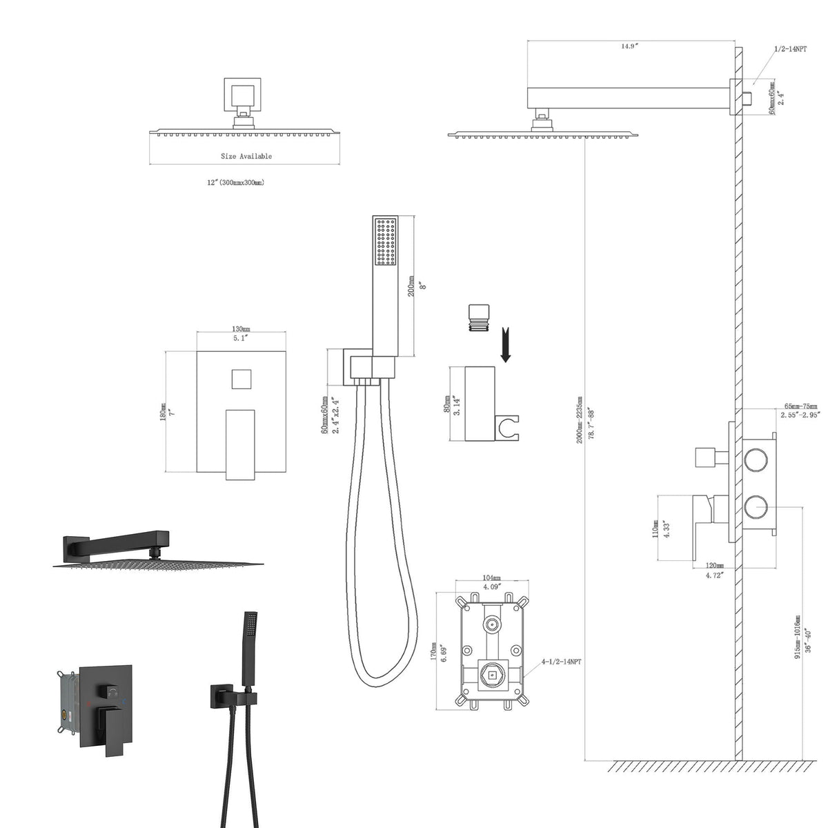 Oumuch Dual Shower Head System with 12" Square Rain Shower and Valve - view 11