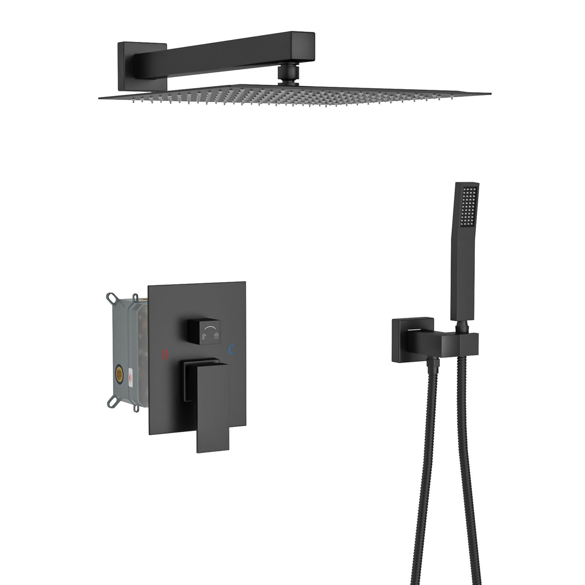 Oumuch Dual Shower Head System with 12" Square Rain Shower and Valve in Black
