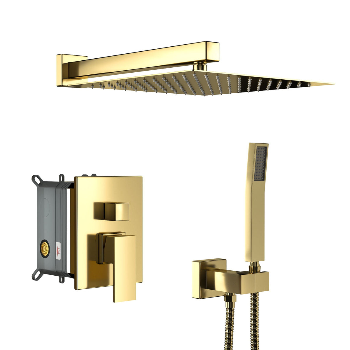 Oumuch Dual Shower Head System with 12" Square Rain Shower and Valve in Gold