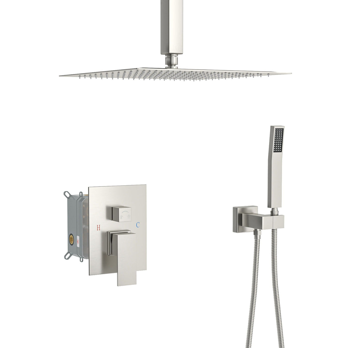 Oumuch Dual Shower Head System with 12" Square Rain Shower and Valve in Gray