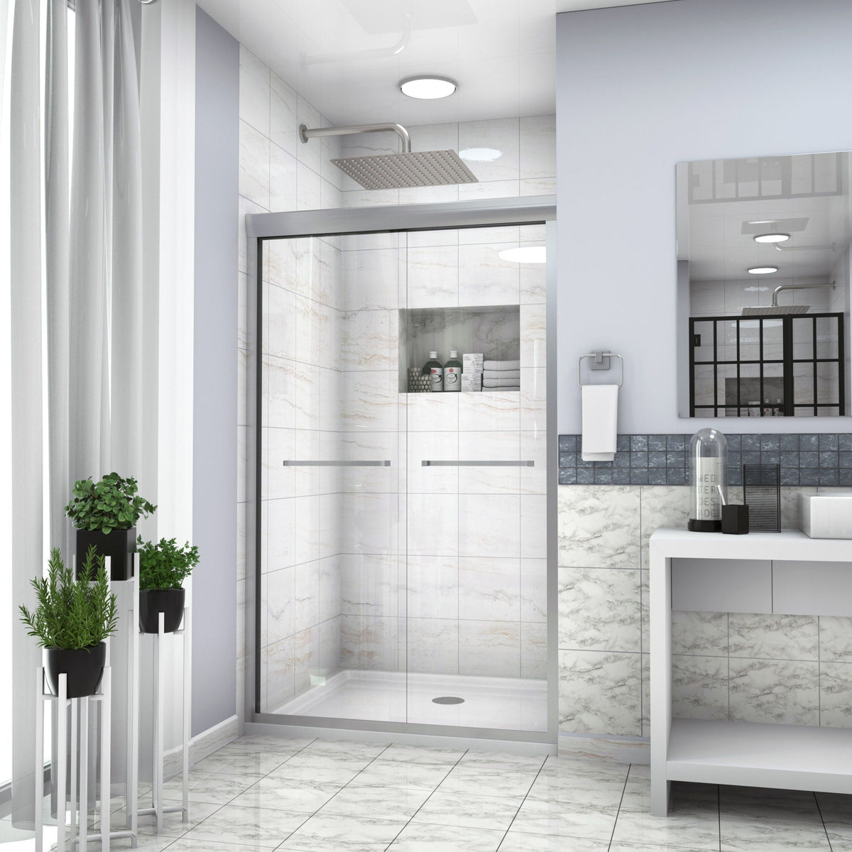 Oumuch Modern Double Sliding Shower Enclosure with Tempered Glass - view 9