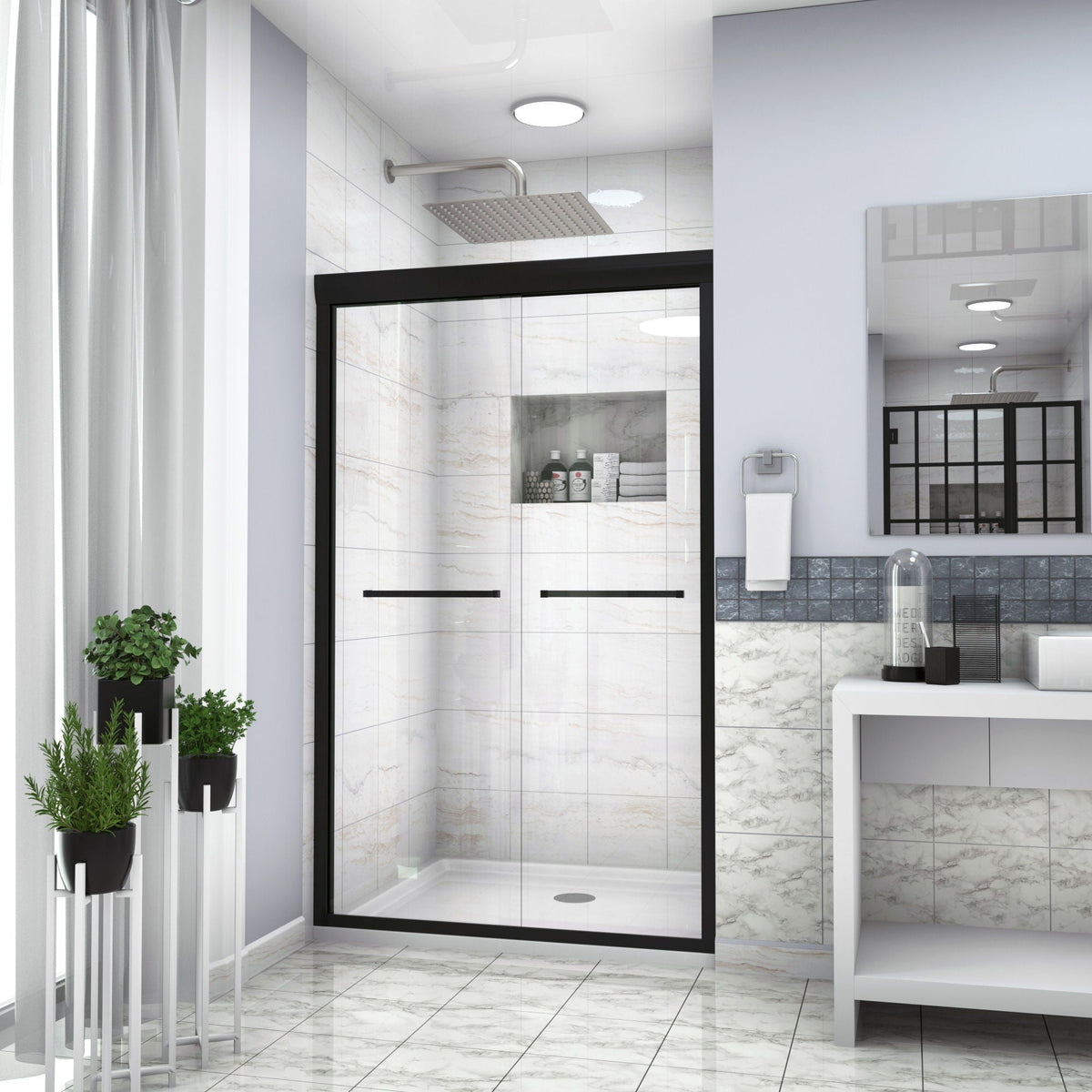 Oumuch Modern Double Sliding Shower Enclosure with Tempered Glass - view 2