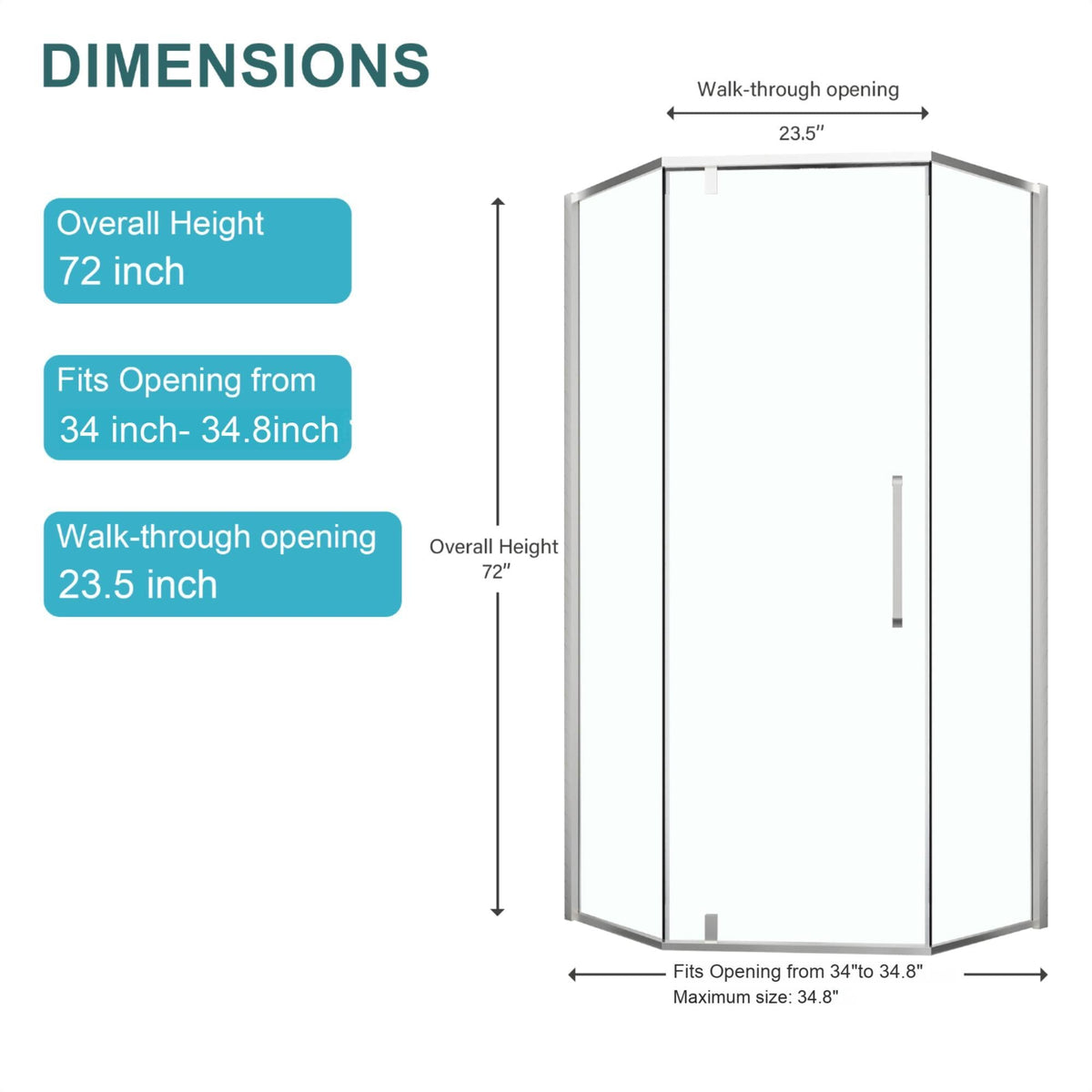 Oumuch Semi Frameless Neo Angle Hinged Shower Enclosure with Clear Tempered Glass - view 2