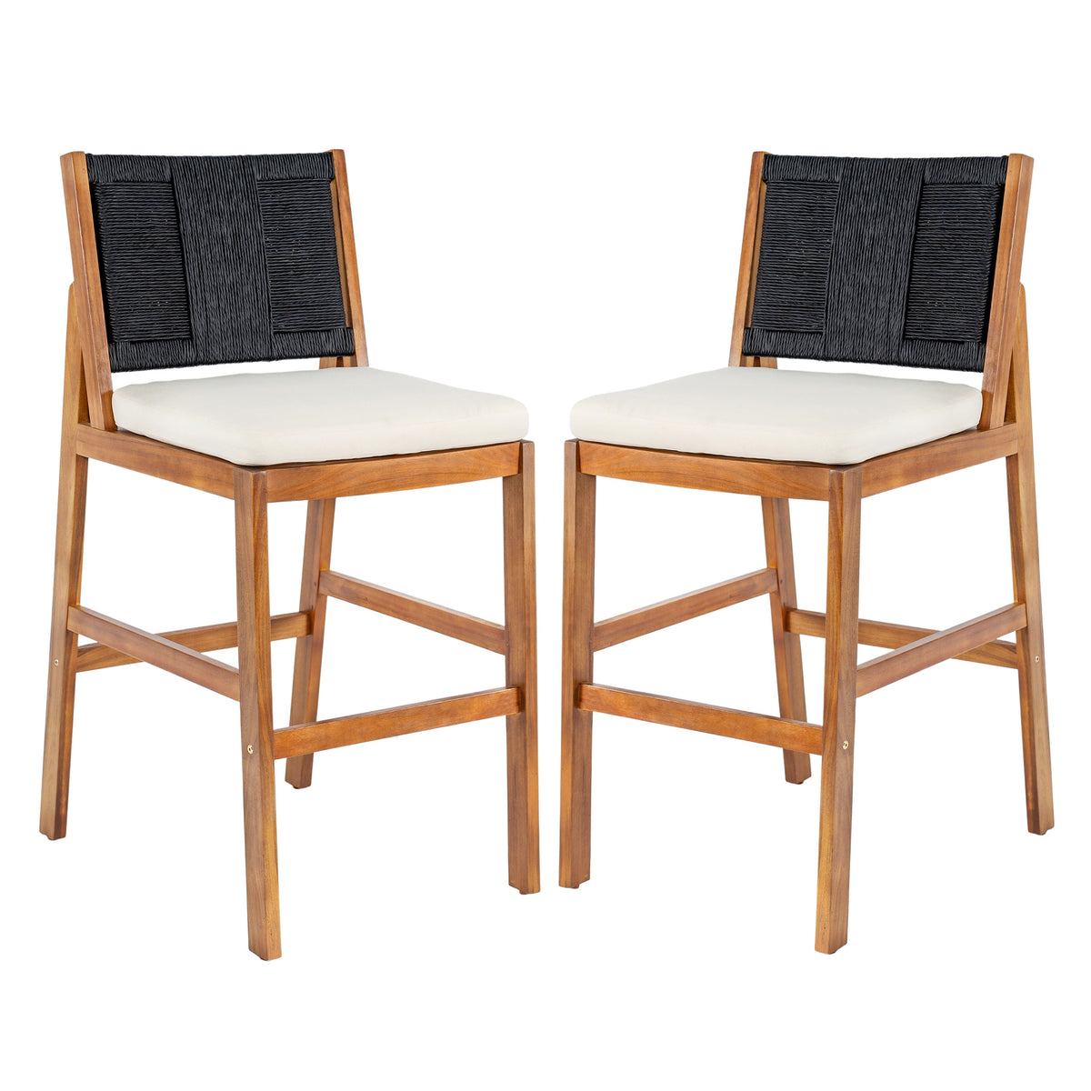 Outdoor Acacia Wood Bar Stools with Cream Cushions - view 3