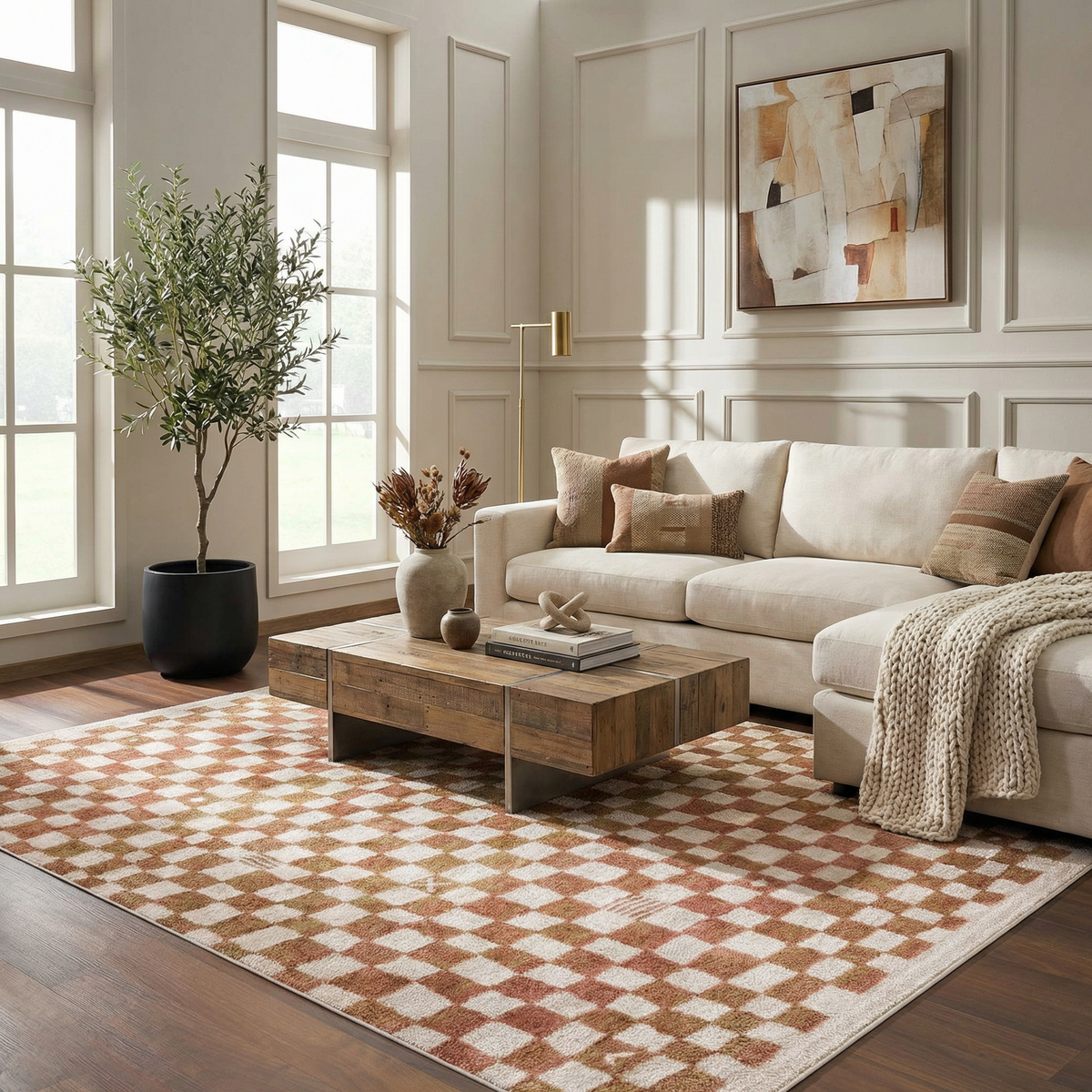 Benjy Irregular Checkboard Rug - Cream&Salmon