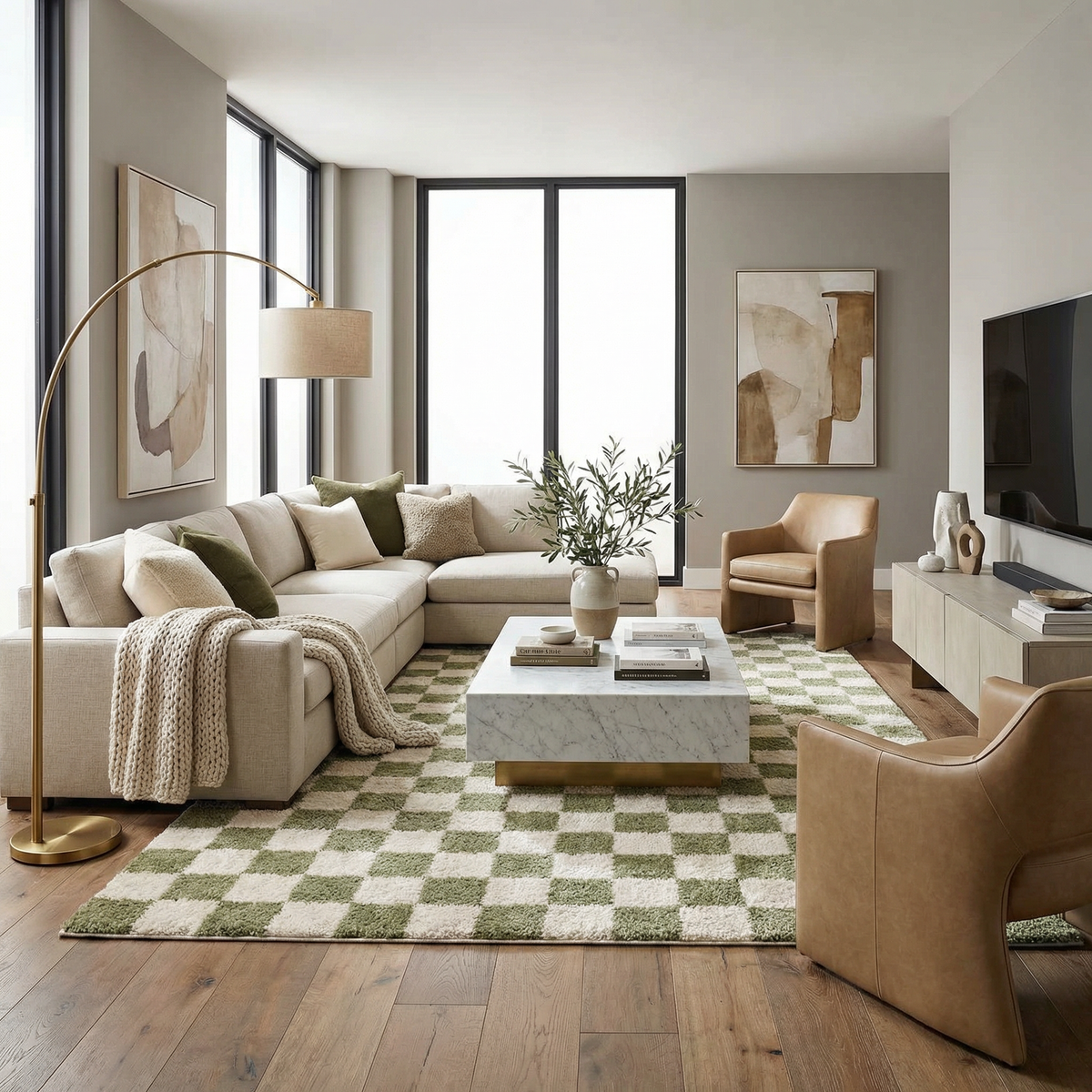 Canika Green Checkered Washable Plush Rug