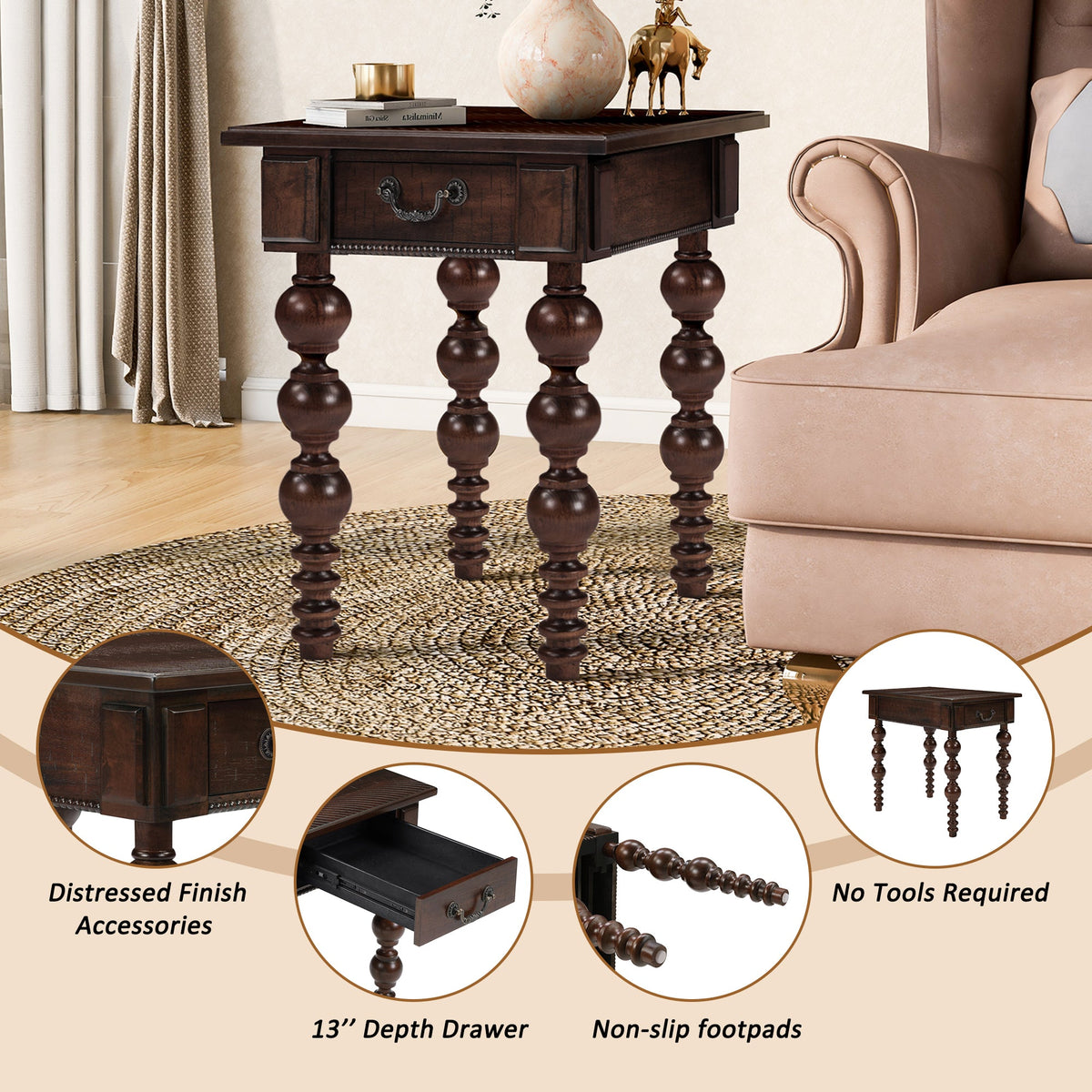 Power Growth Furniture Solid Wood End Table with Drawer in Espresso Finish - view 7