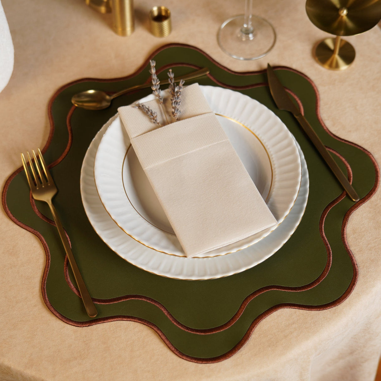 Haven Dark Green Brown Trim Faux Leather Placemat