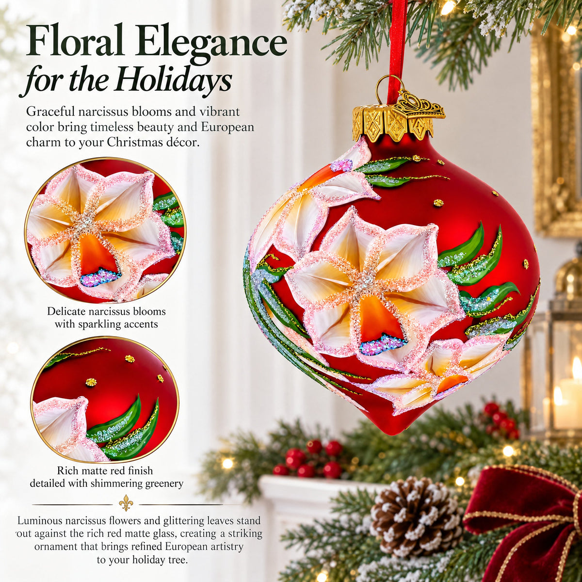 Narcissus Flowers Onion-Shape Finial Glass Christmas Ornament