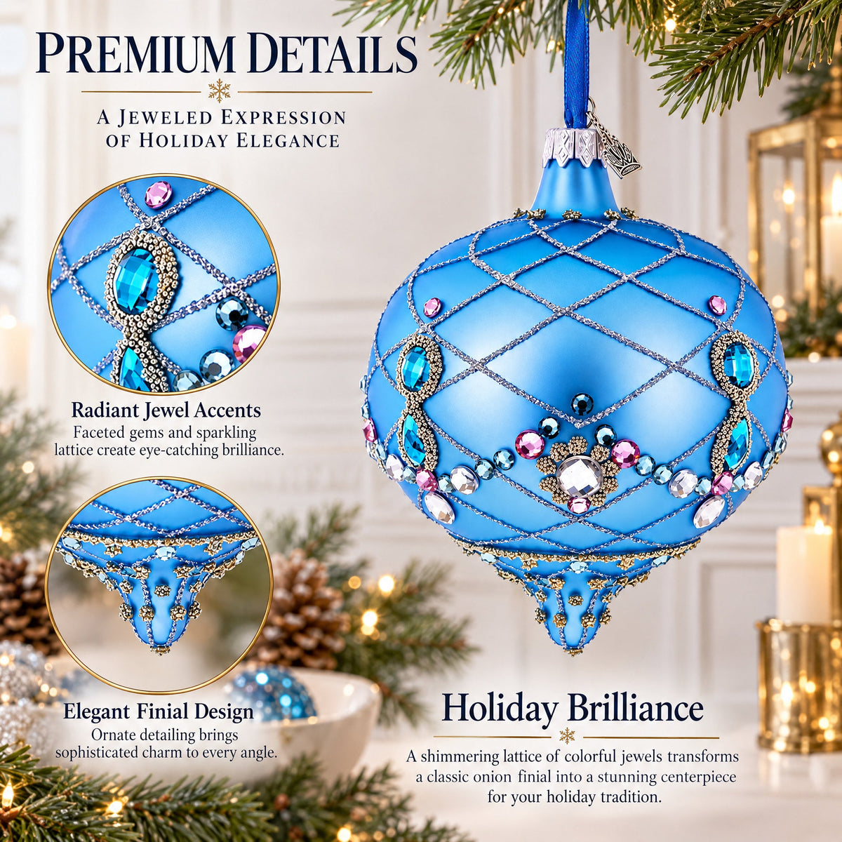 Blue Jeweled Lattice Diamond Onion-Shape Finial Glass Christmas Ornament