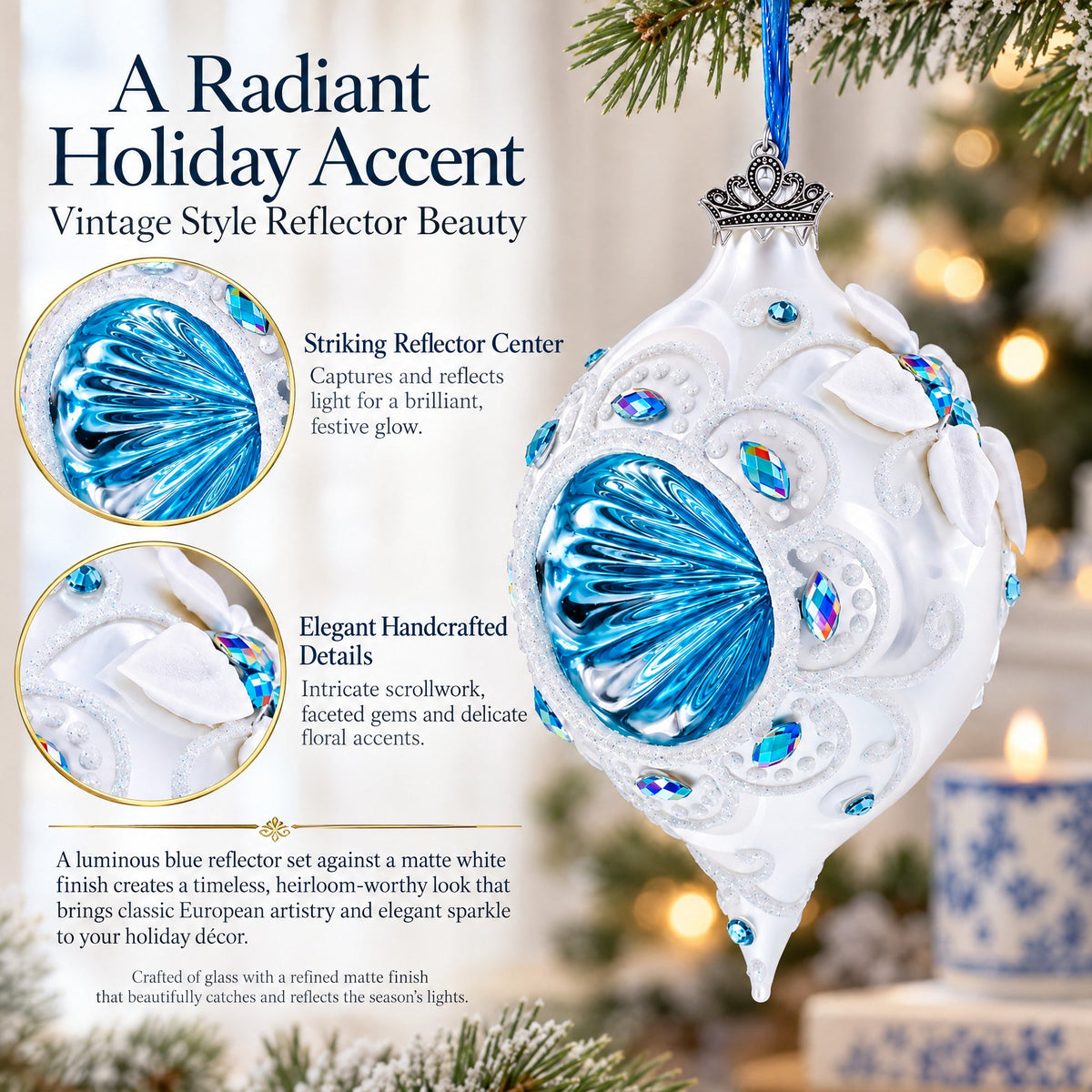 Vintage Style White and Blue Reflector Pointed Teardrop Finial Glass Christmas Ornament