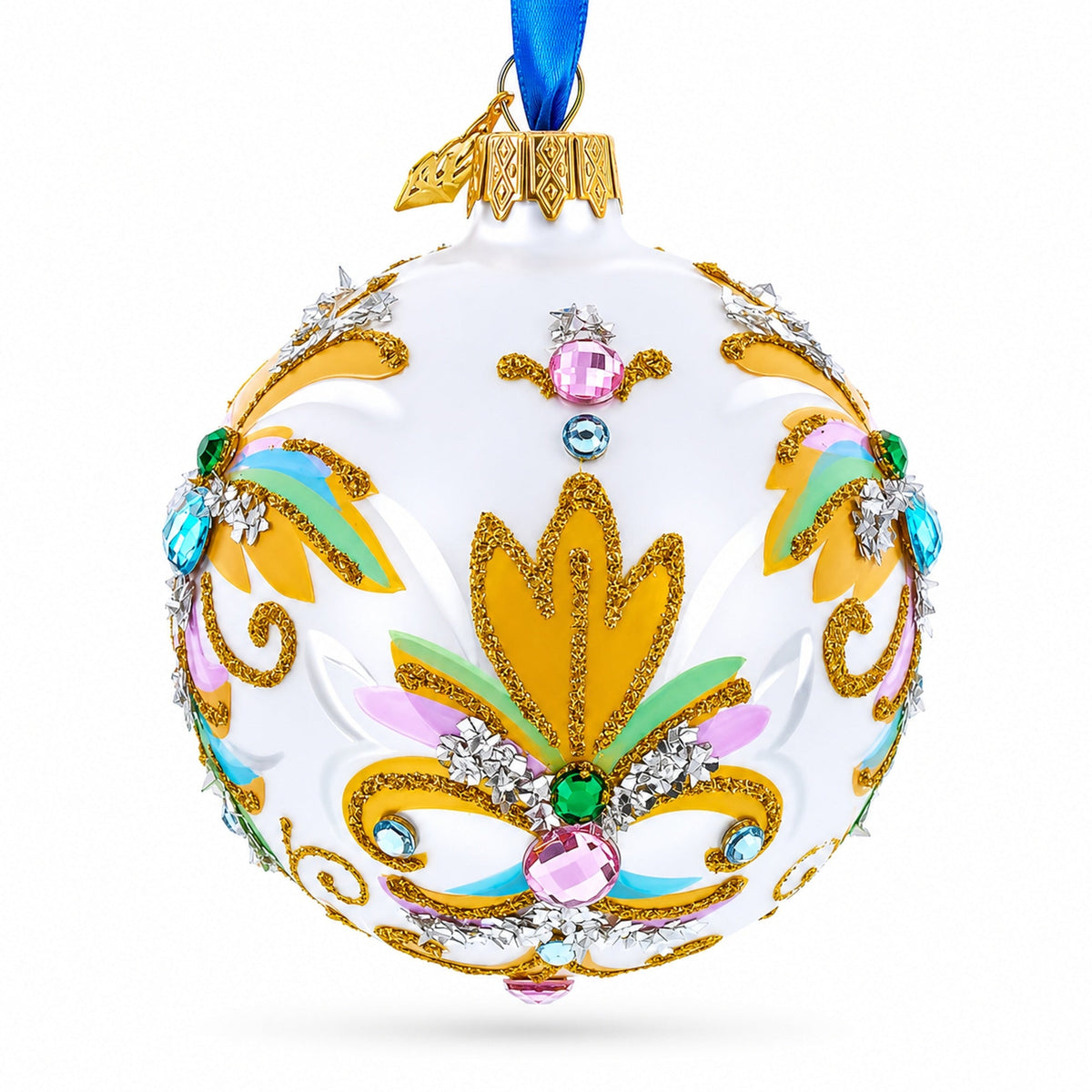 Retro Style White and Gold Reflector with Glitter, Gems & Indent Center Glass Christmas Ornament