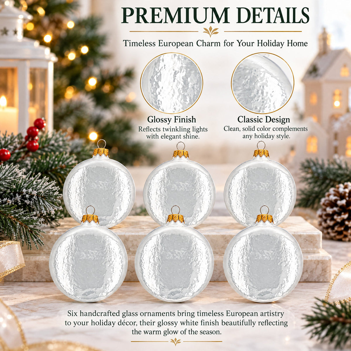 Set of 6 Glossy White Flat Disc Glass Christmas Ornaments 3 Inches