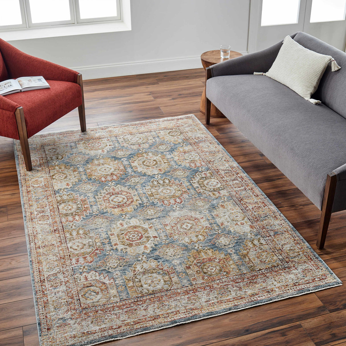 Crescentia Blue & Beige Textured Rug with Fringes