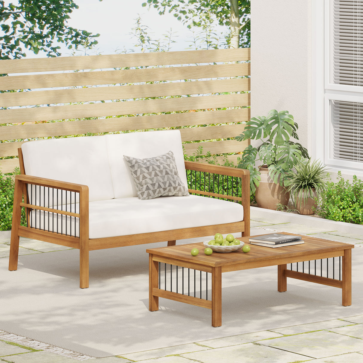 Outdoor Acacia Wood and Iron Loveseat and Coffee Table Set with Cushions, Teak
