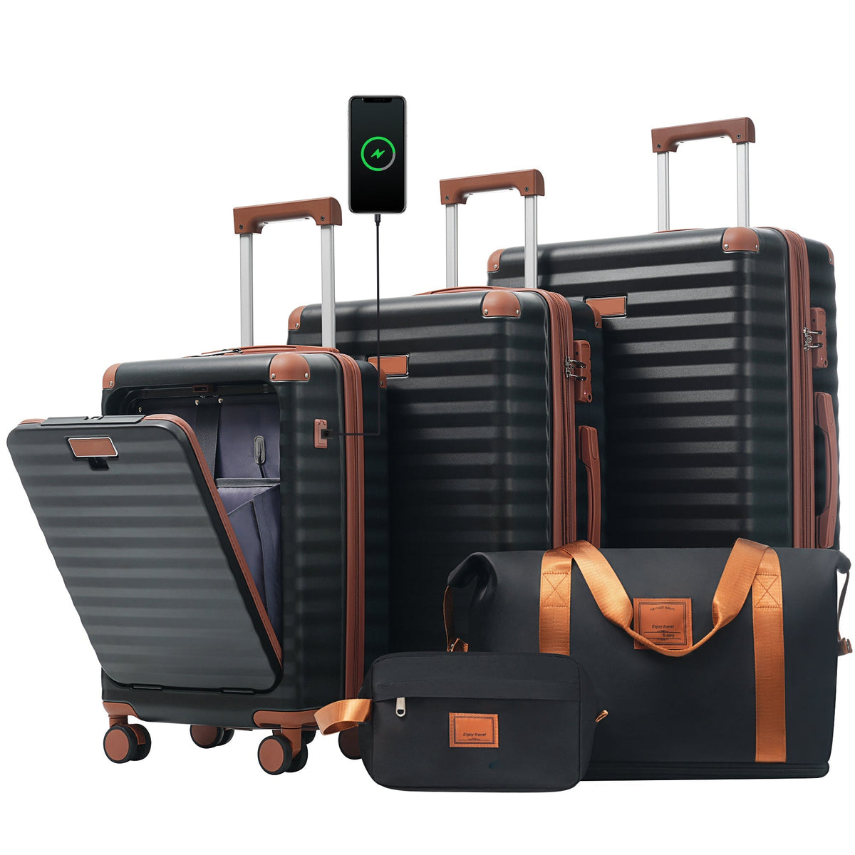 SUM Luggage Deluxe 5-Piece Hard-Side Luggage Set with USB and TSA Locks in Black + Brown