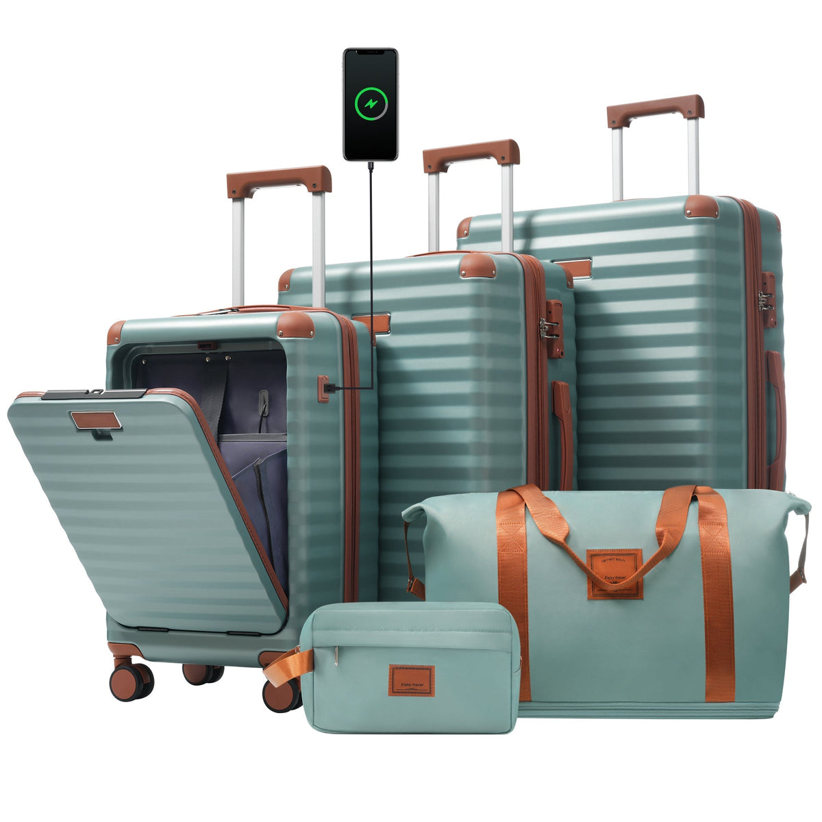 SUM Luggage Deluxe 5-Piece Hard-Side Luggage Set with USB and TSA Locks in Blue_Green
