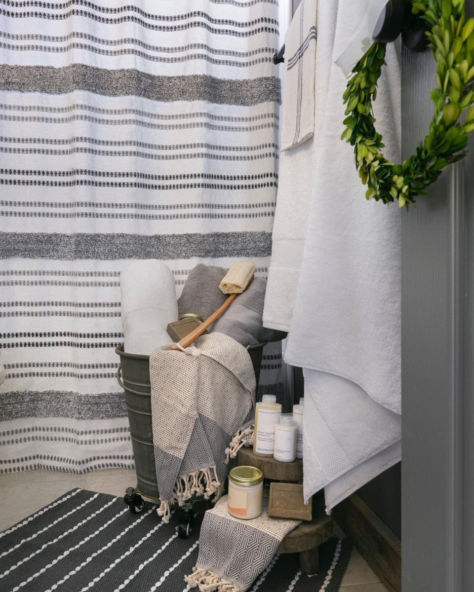 Modern Tufted Stripe Yarn Dyed Recycled Cotton Blend Shower Curtain