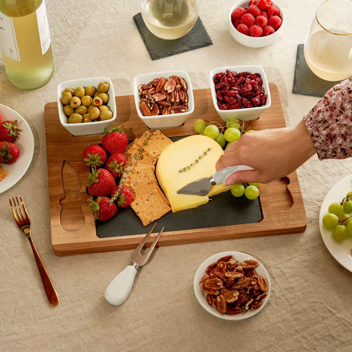 Twine Living Acacia & Slate Cheese Board Set with Ceramic Bowls