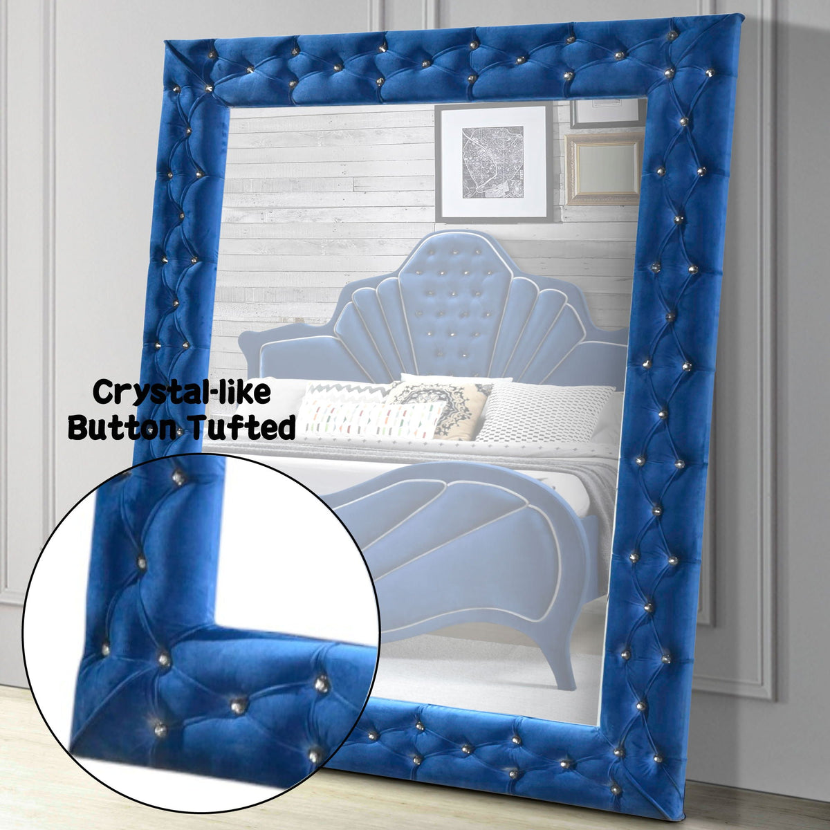 Urban Nest Blue Velvet Floor Mirror with Crystal Tufted Trim - view 3