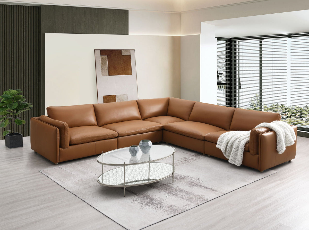 Urban Nest Brighton Top Grain Leather Modular Sectional with Ottoman in Light Brown