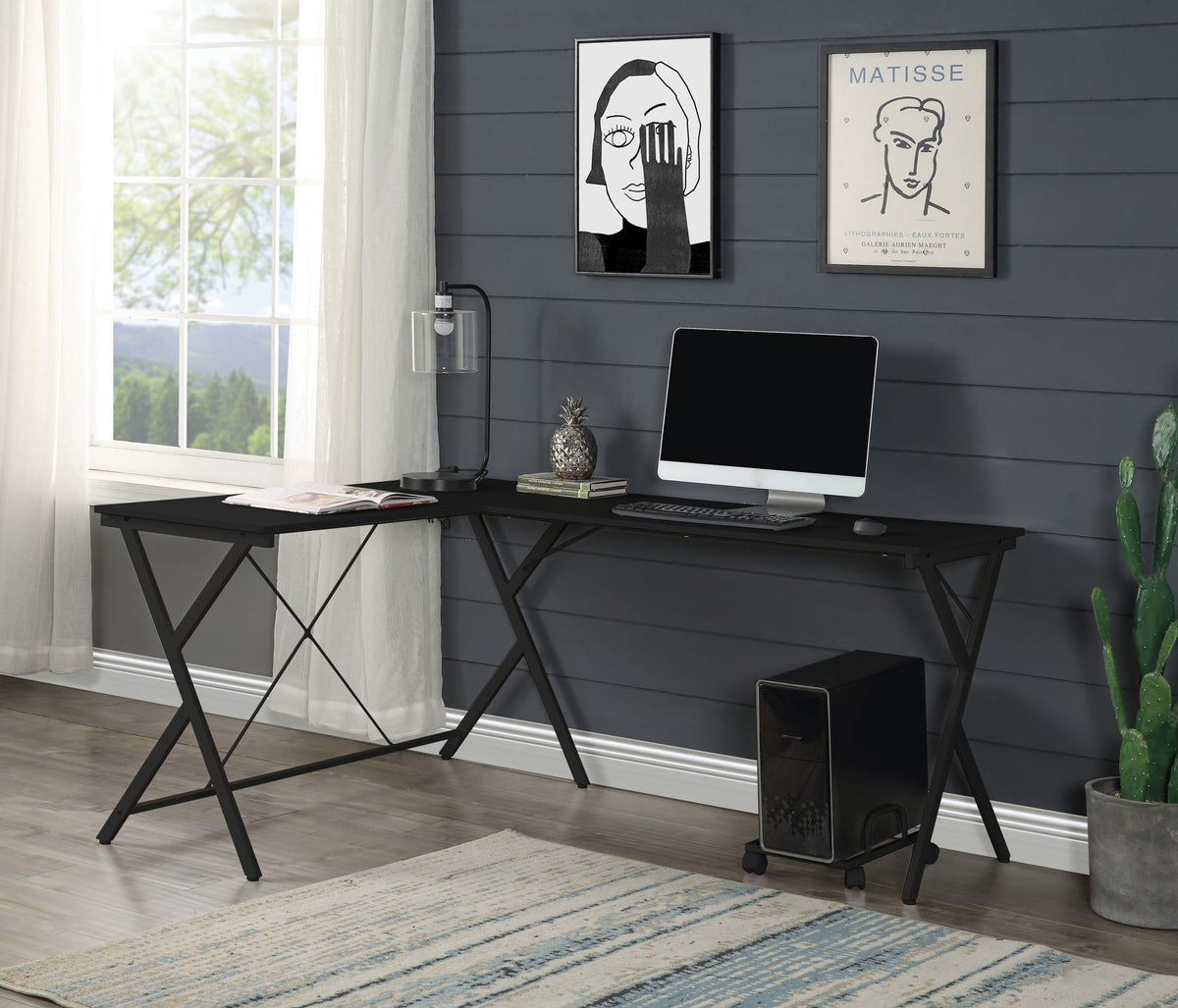 Urban Nest Dazenus L-Shape Corner Desk with Metal Frame in Black