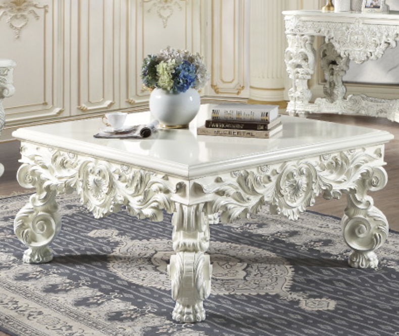 Urban Nest Elegant White Coffee Table with Sculptured Floral Legs