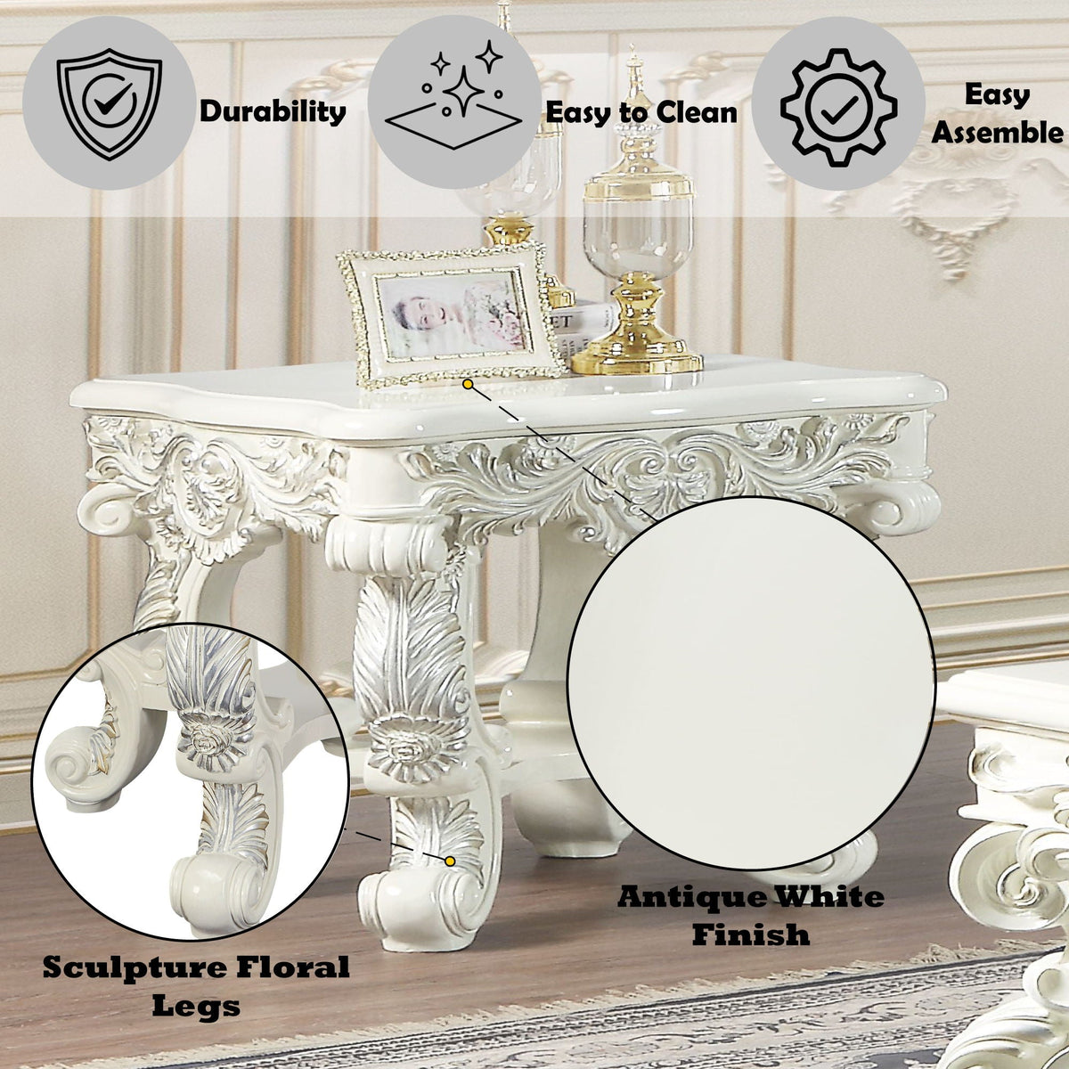Urban Nest Elegant White Coffee Table with Sculptured Floral Legs - view 3