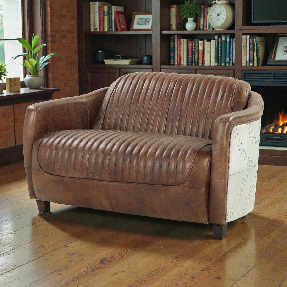 Urban Nest Grain Leather Loveseat with Vintage Aluminum Frame - view 4