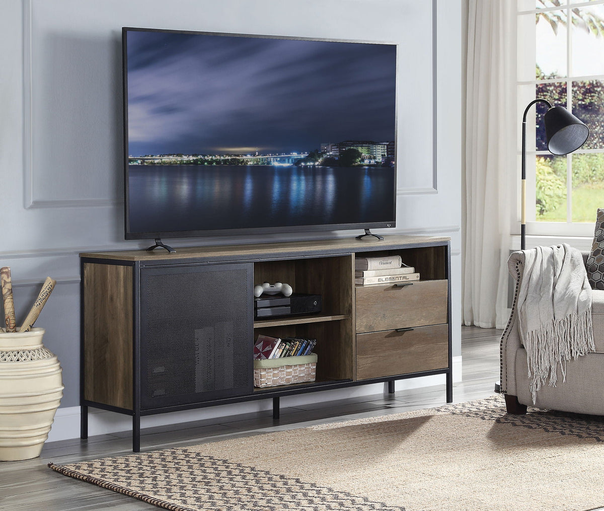 Urban Nest Light Brown Rustic TV Stand with Metal Frame - view 2
