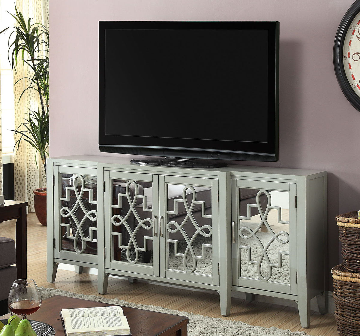 Urban Nest Mirrored Accent Console Cabinet with Solid Wood Legs in Gray