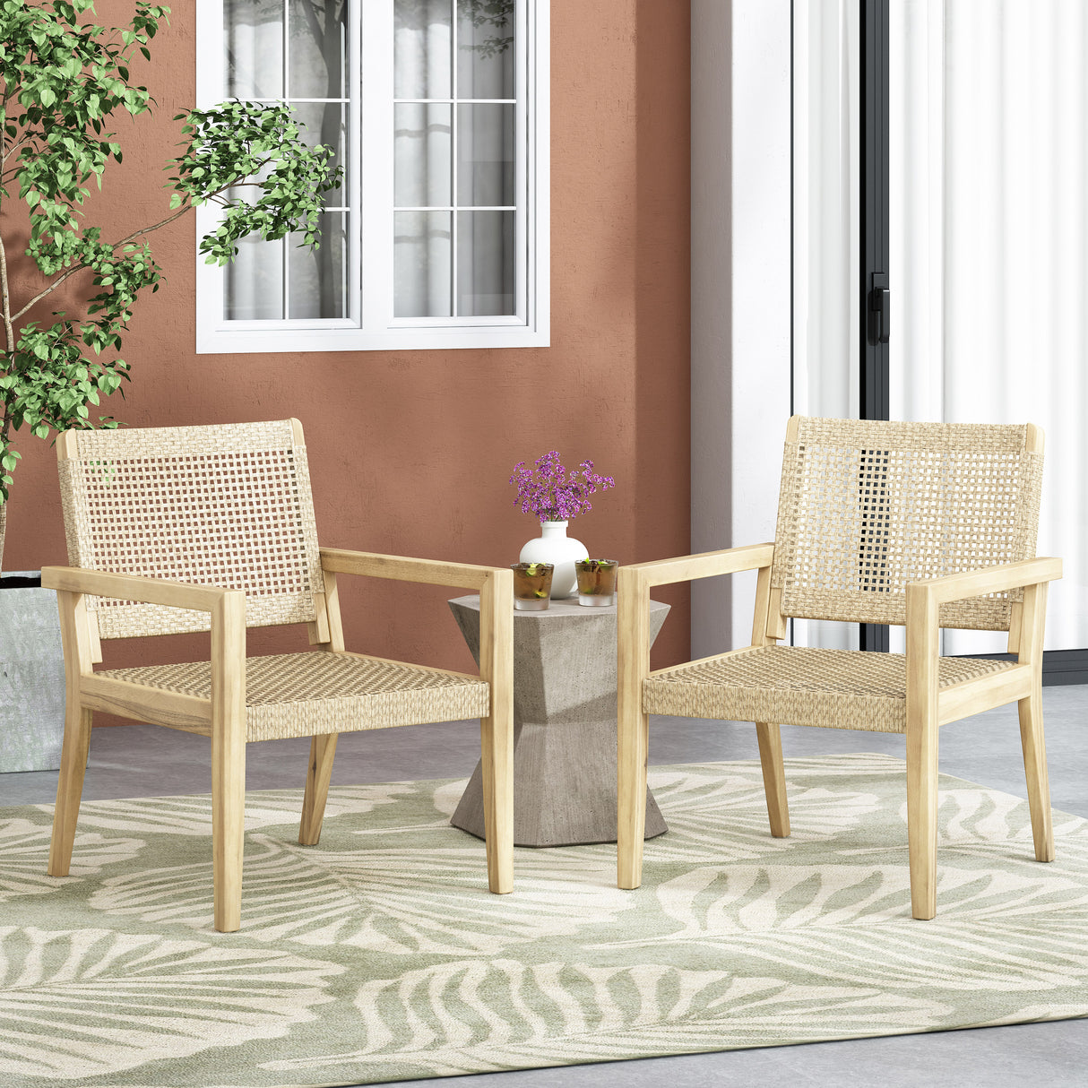 Outdoor Wicker and Acacia Wood Club Chairs - Set of 2