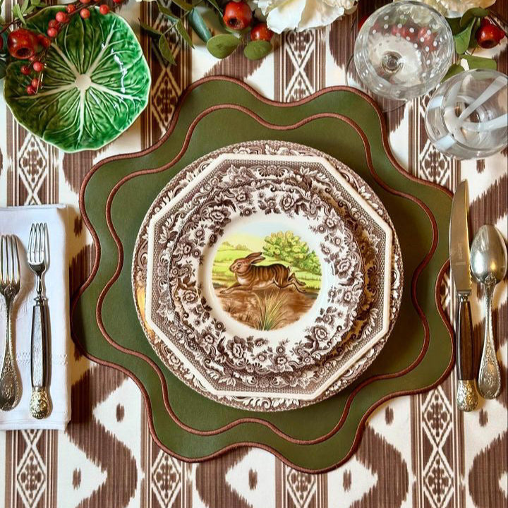 Haven Dark Green Brown Trim Faux Leather Placemat