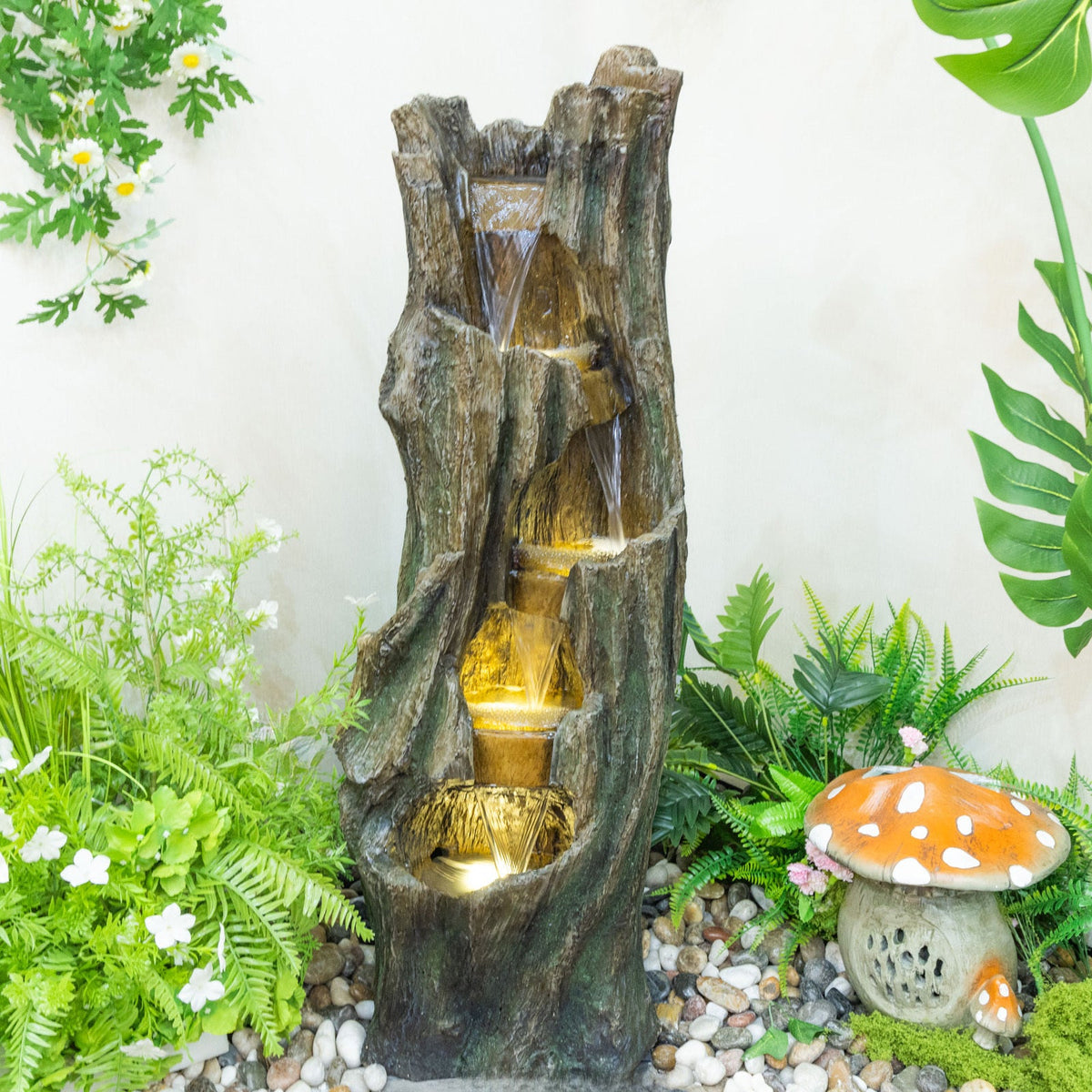 Water Fountain Outdoor Heating Waterfall Fountain for Outdoor Gardens with LED Lighting