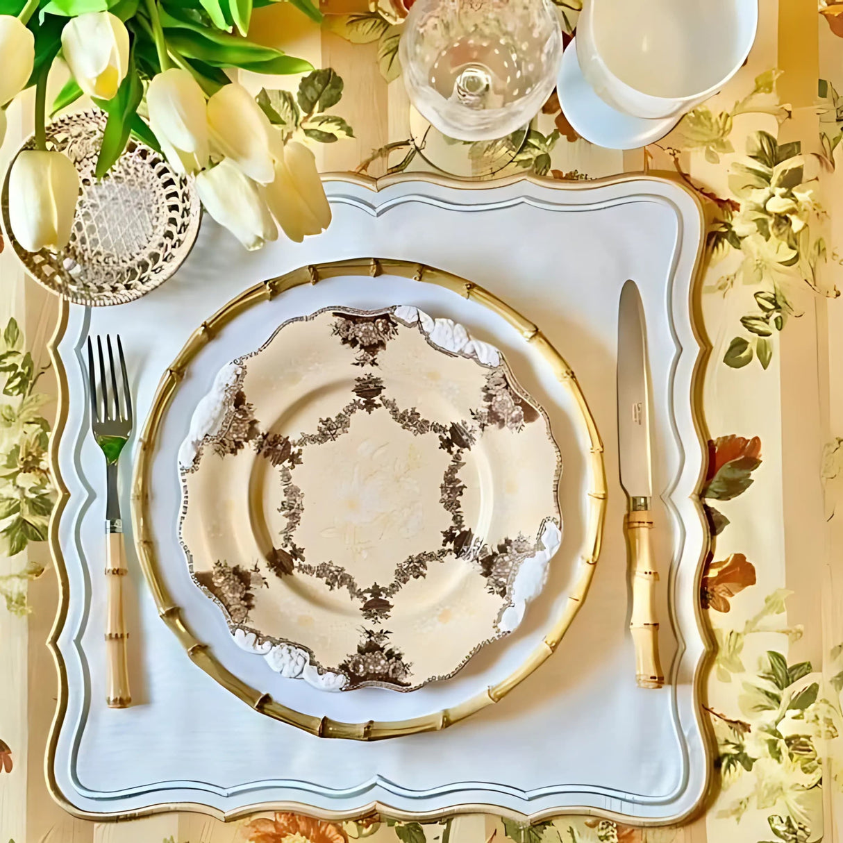 Shimmer Ivory Gold Silver Square Fabric Placemat