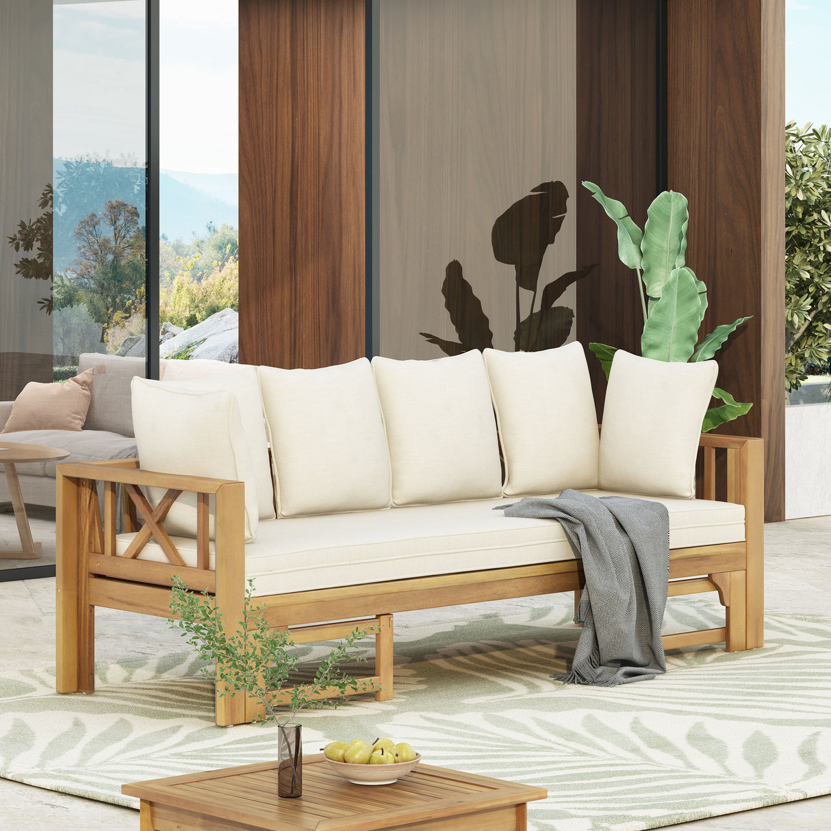 Outdoor Extendable Acacia Wood 3 Seater Sofa