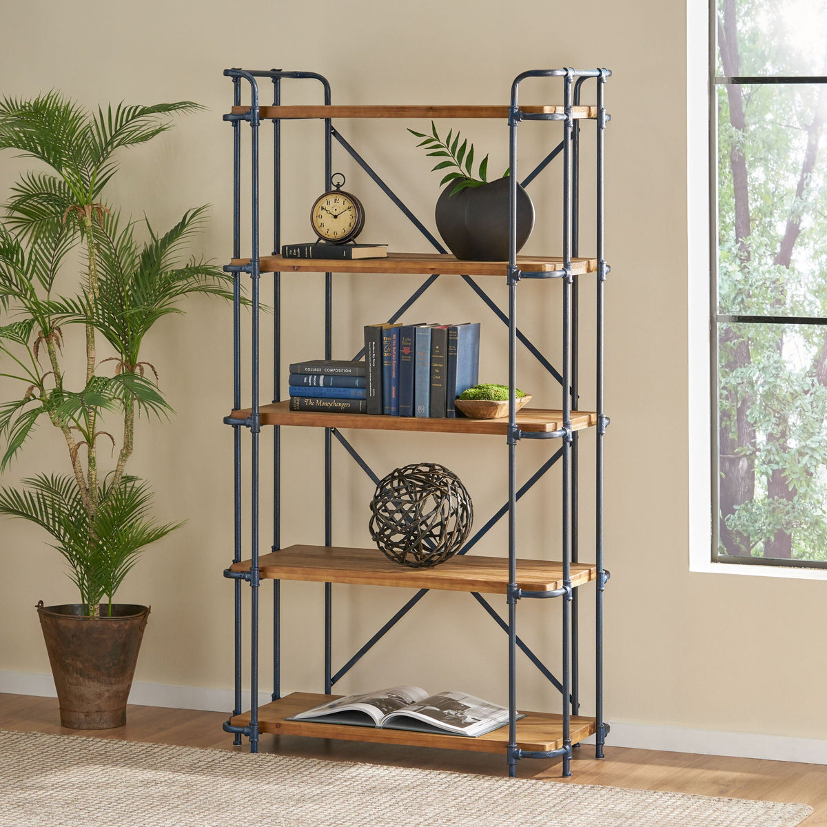 Yorktown Industrial 5 Shelf Bookcase with Metal Pipework and Fir Wood - view 3