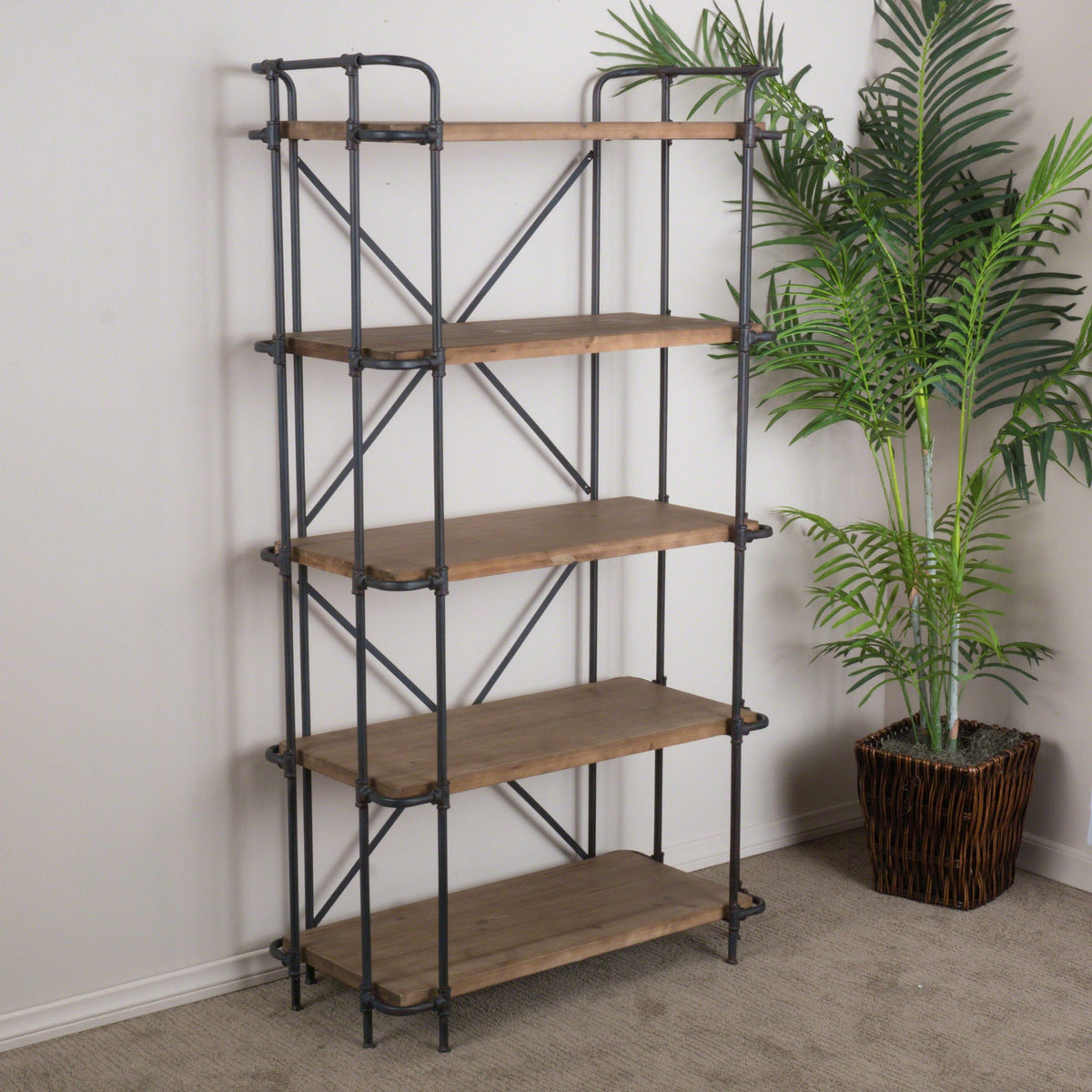 Yorktown Industrial 5 Shelf Bookcase with Metal Pipework and Fir Wood - view 4