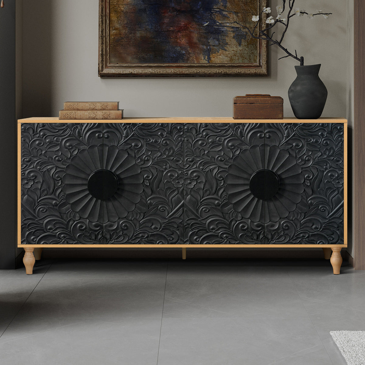 ZRUN FURNITURE Black Carved Door TV Stand with Adjustable Shelves