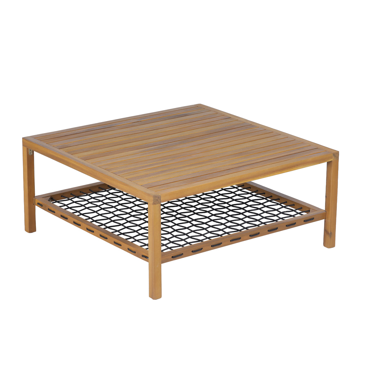 Outdoor Acacia Wood Coffee Table with Woven Rope Storage Shelf