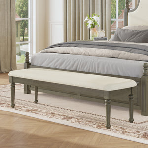 Farmhouse Upholstered Bed Bench, 59.8-Inch, Beige Linen with Rubberwood Legs