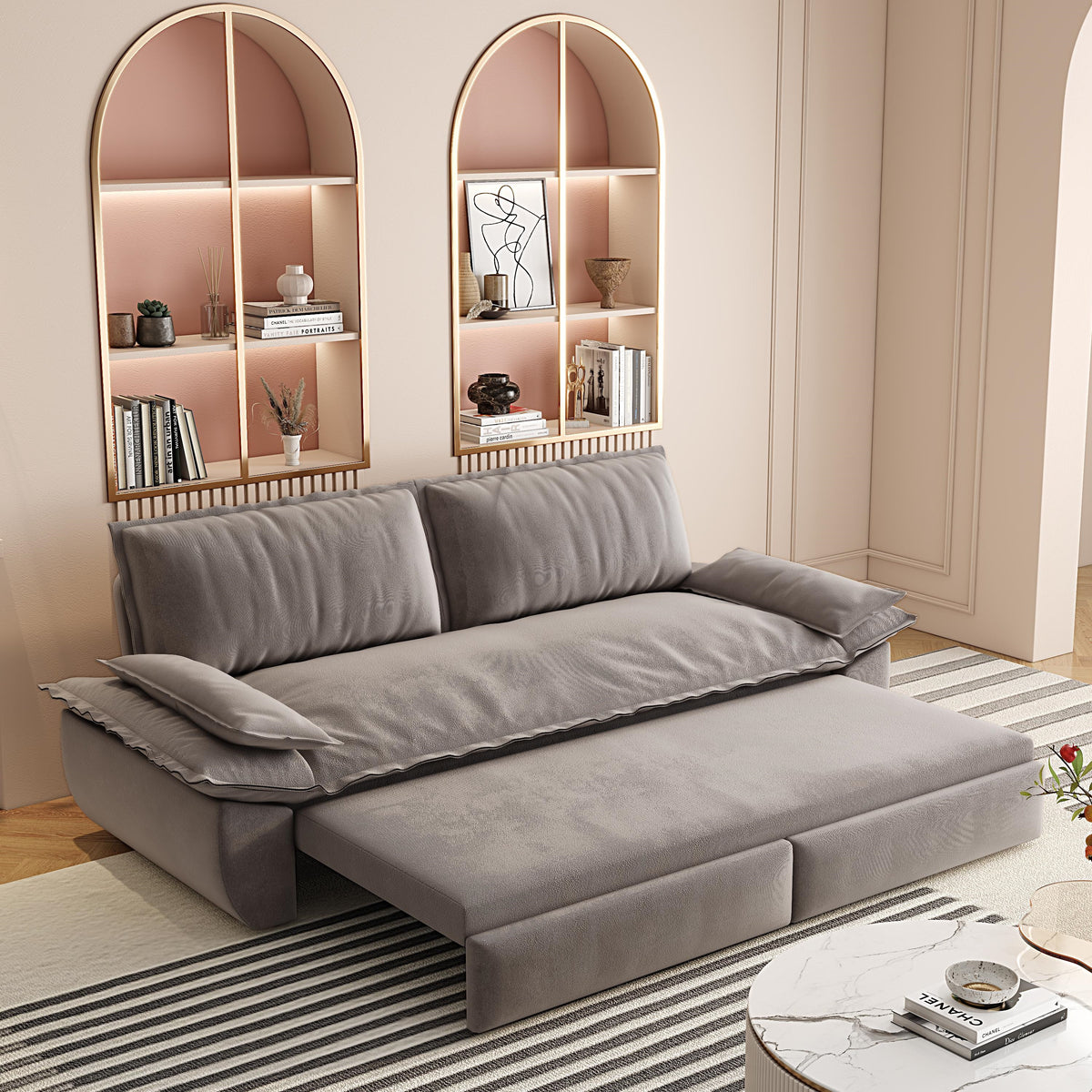 Grey Velvet Queen Pull Out Sofa Bed with 3-in-1 Convertible Design